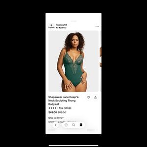 Brand New Popilush Shapewear Lace Deep V-Neck Sculpting Thong Bodysuit- green